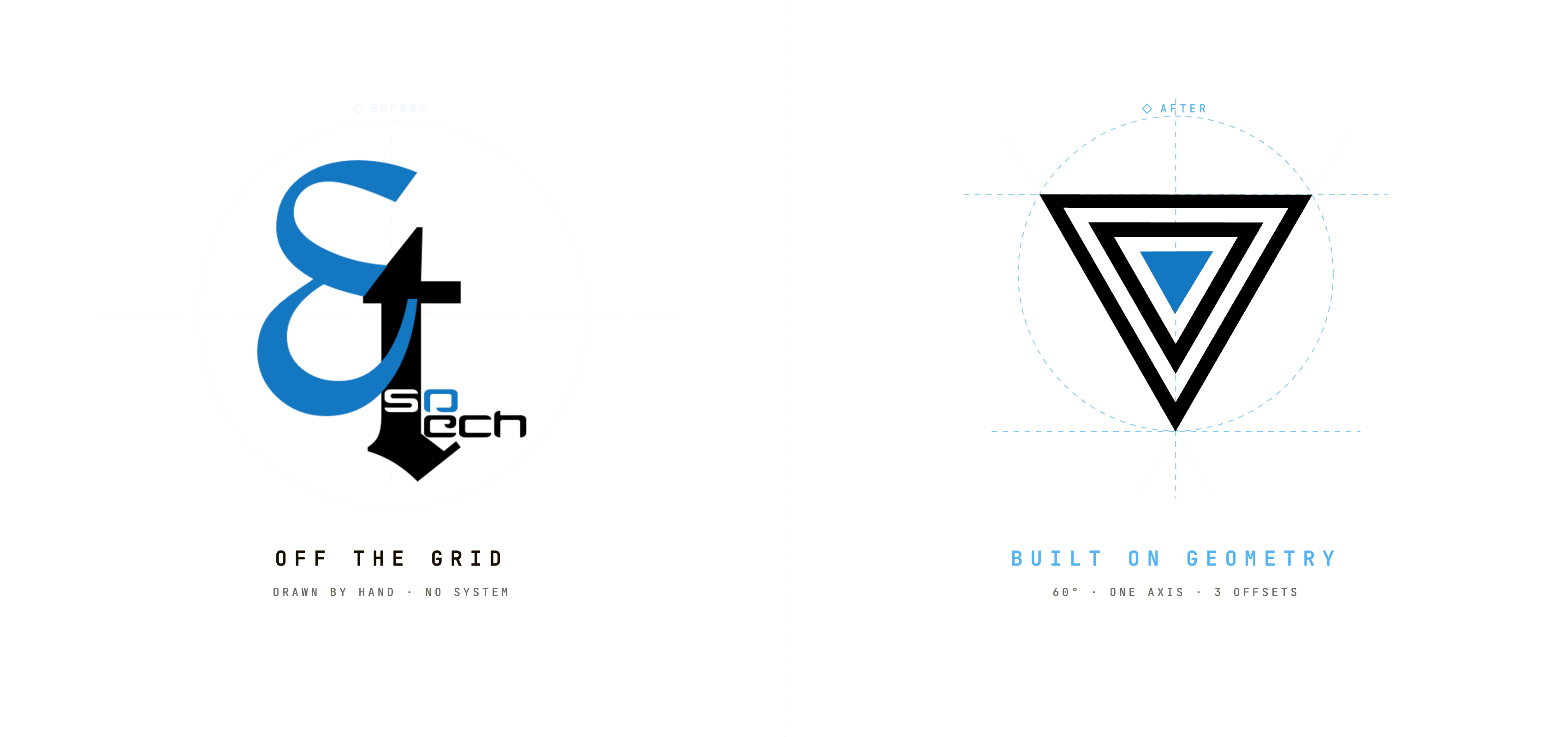 The Esotech mark from outline to completed blue geometry